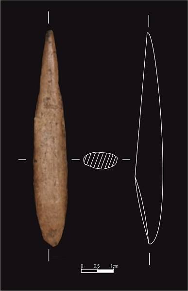 One of the two assegai bone spear points with a bevelled base from Gorham's Cave.